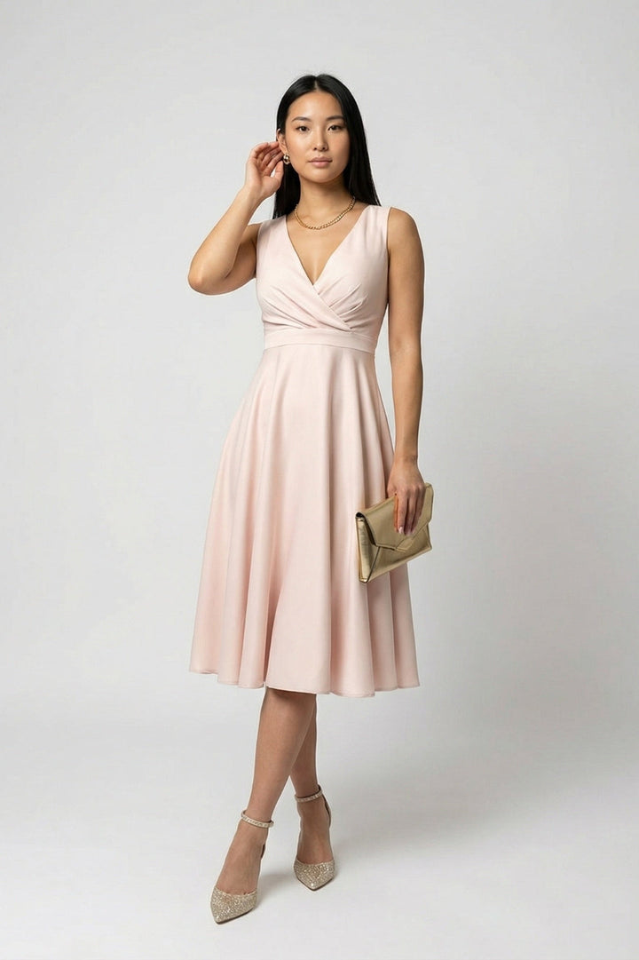 Women's Elegant A-Line Midi Dress - Powder Pink V-Neck with High Waist & Flowy Skirt