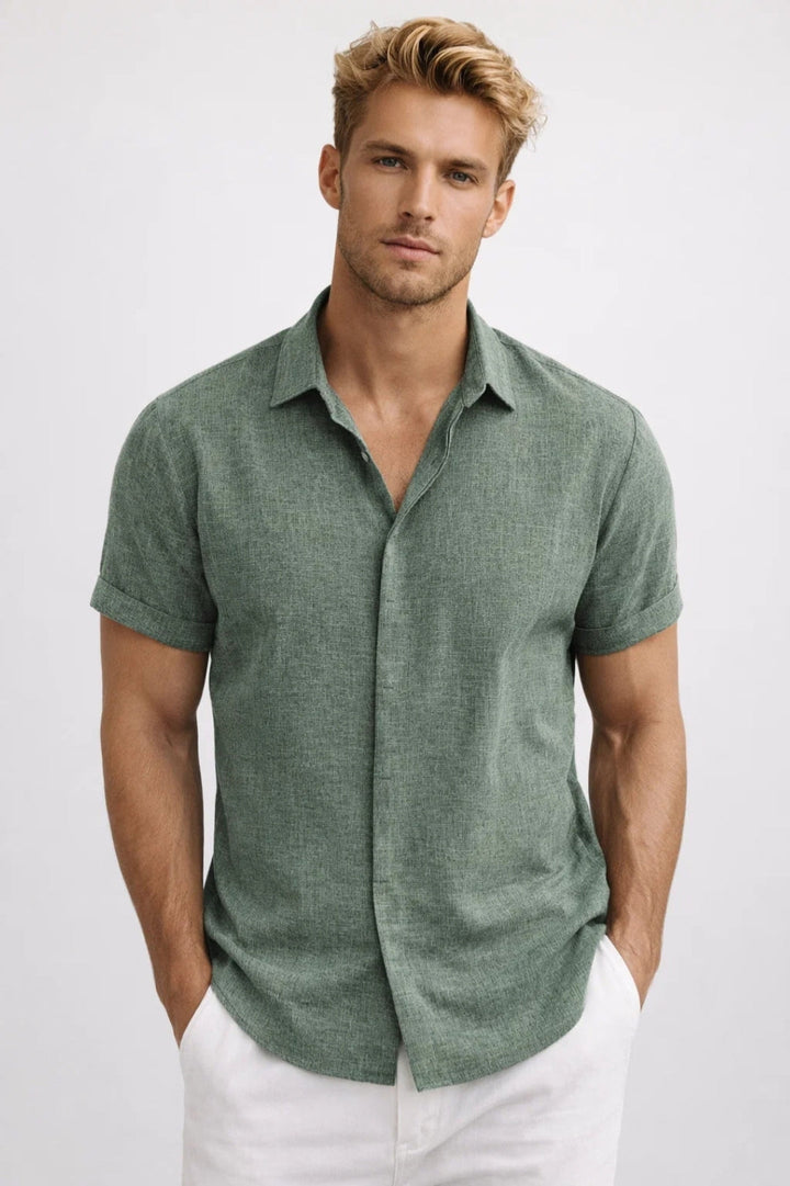 Men's Short Sleeve Shirt - Loose Fit - Sage Green Casual Button-Up