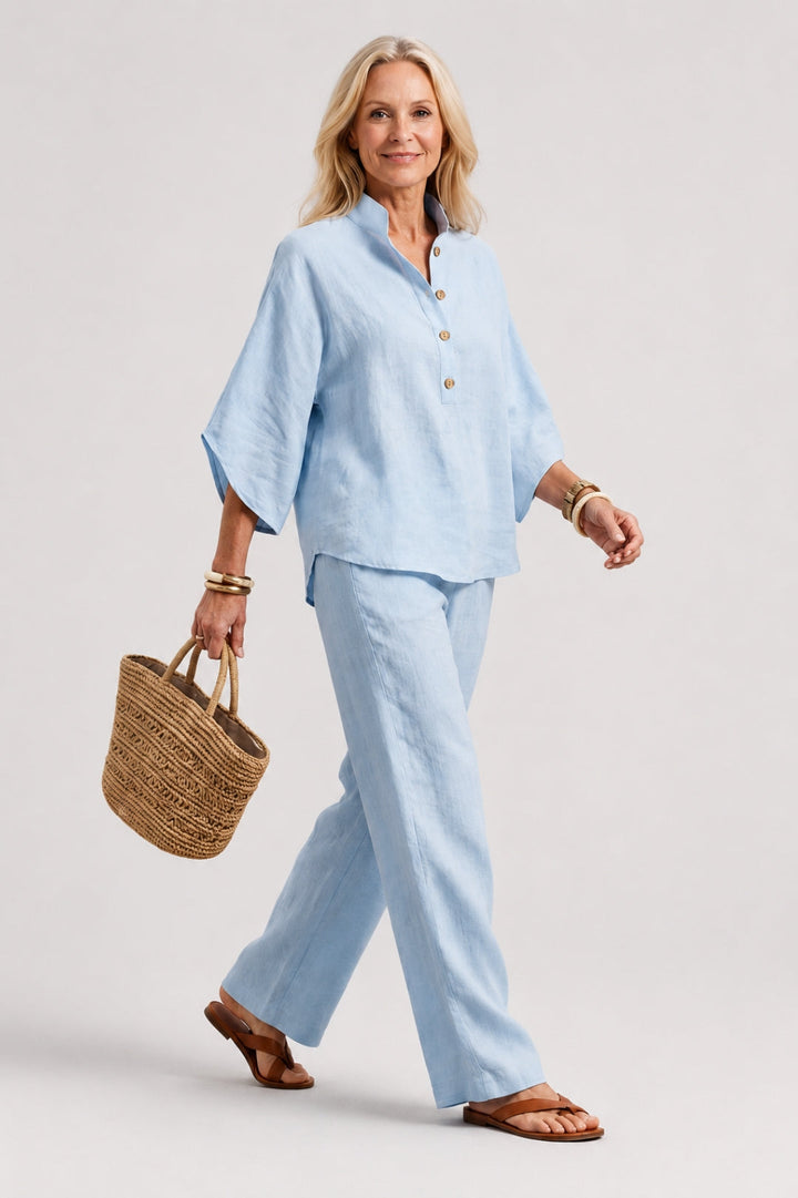Linen Set Women – Kimono Top & Classic Straight-Leg Trousers
