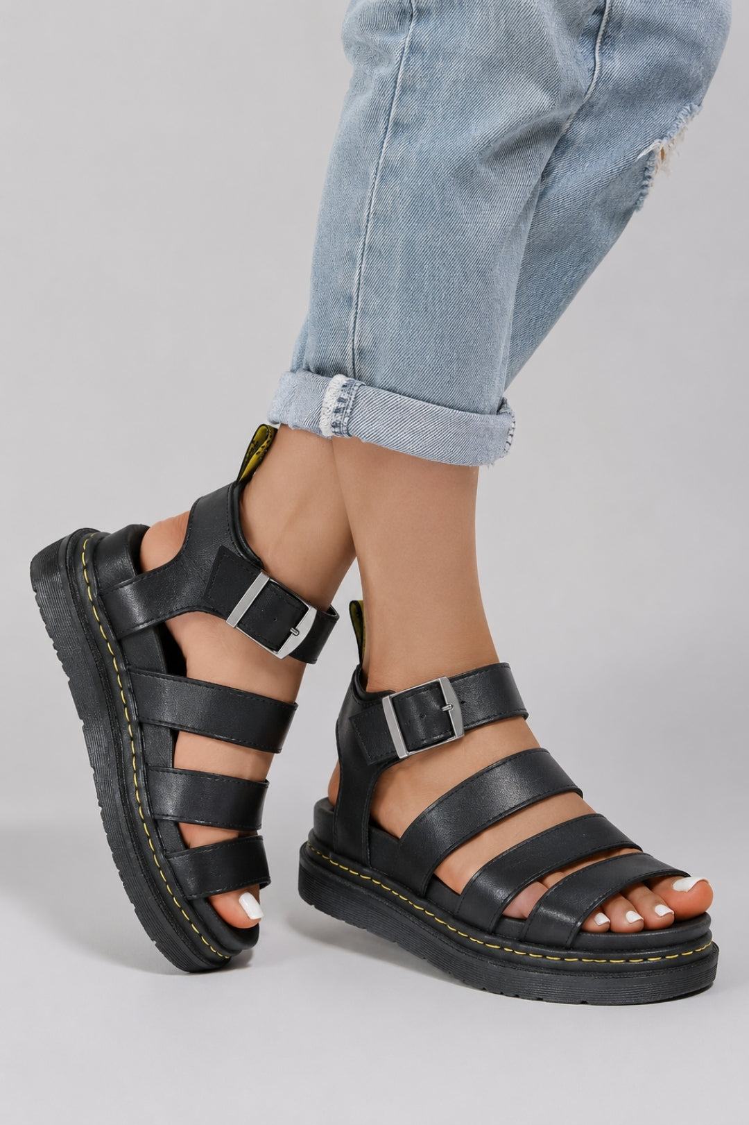 Casual Women's Sandals | Multiple Straps, Ribbed Platform Sole, and Leather-Look