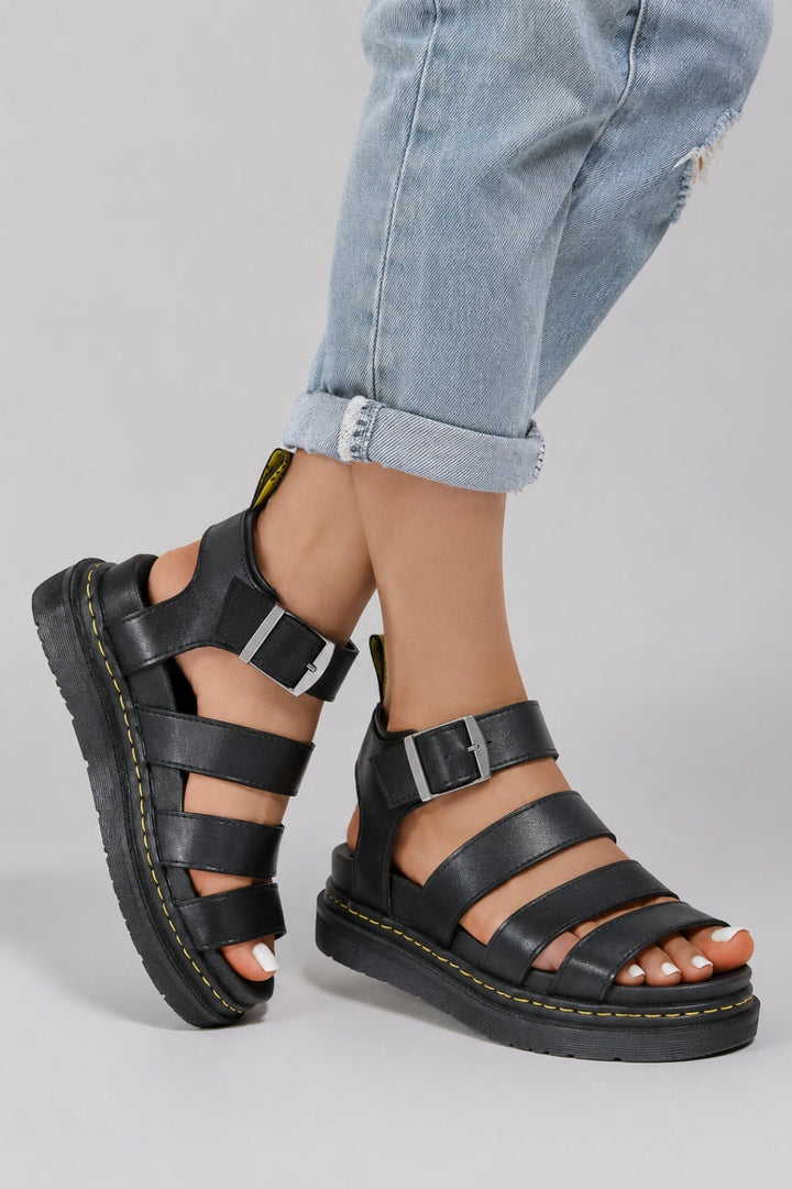 Casual Women's Sandals | Multiple Straps, Ribbed Platform Sole, and Leather-Look