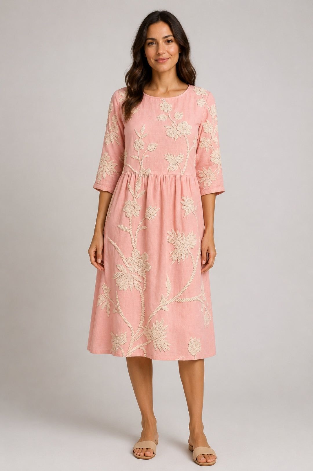 Linen Midi Dress Women Boho – Floral Embroidery & Ruched Waist