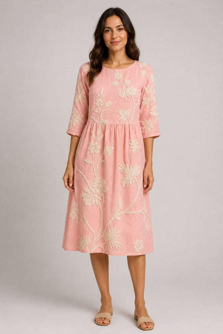 Linen Midi Dress Women Boho – Floral Embroidery & Ruched Waist