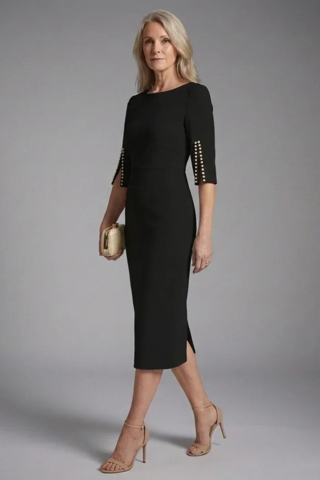 Women's Fitted Wedding Guest Dress - Black Midi with Flared Sleeves & Beaded Detail