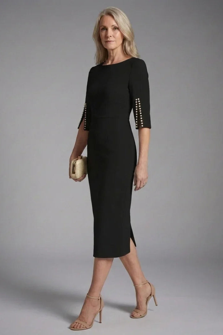 Women's Fitted Wedding Guest Dress - Black Midi with Flared Sleeves & Beaded Detail