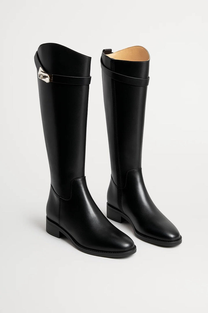 Women's Boots, Regular Fit | Black Leather-Look, High Shaft, and Low Block Heel