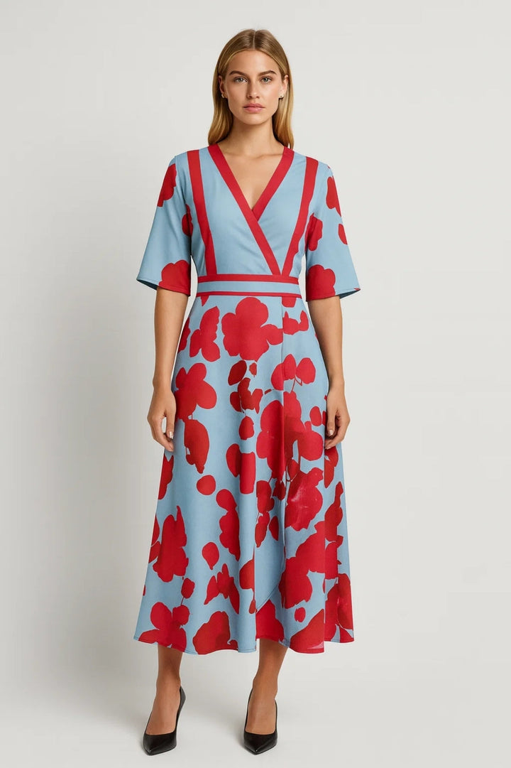 Women's Midi Dress – Flowy Floral Print, Wrap V-Neck, Chic Elegant Style