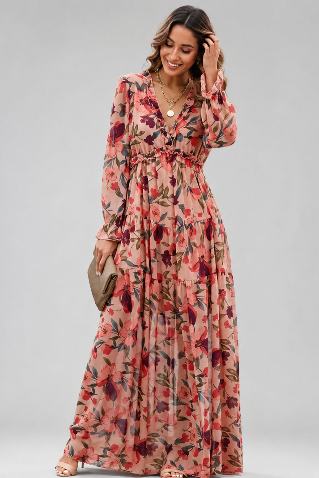 Women's Boho Floral Maxi Dress | Long Sleeve, V-Neck | Wedding Guest