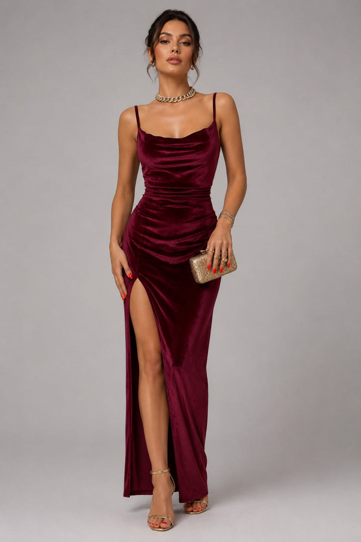 Women's Burgundy Maxi Dress | Cowl Neck, Thin Straps & Side Slit