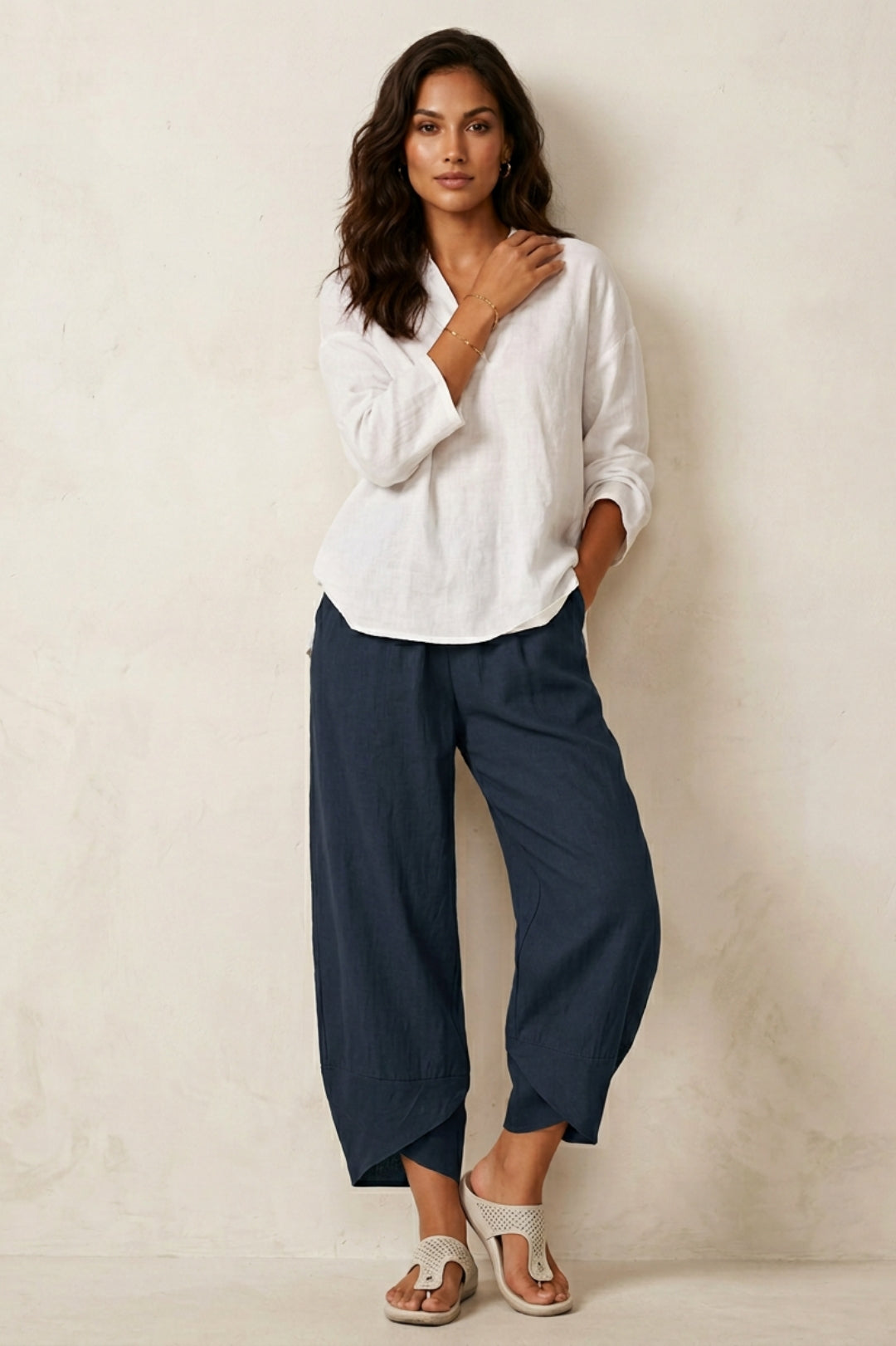 Women's Wide Leg Linen-Look Pants | Elastic Waist, Ankle Length