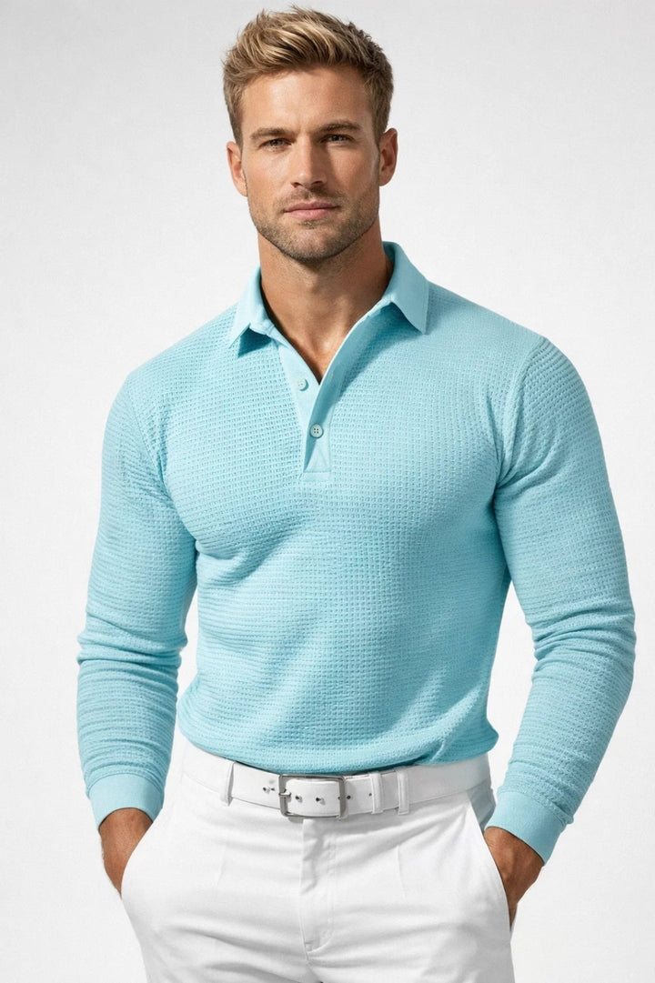 Men's Polo Shirt - Long Sleeve Waffle Knit - Light Grey