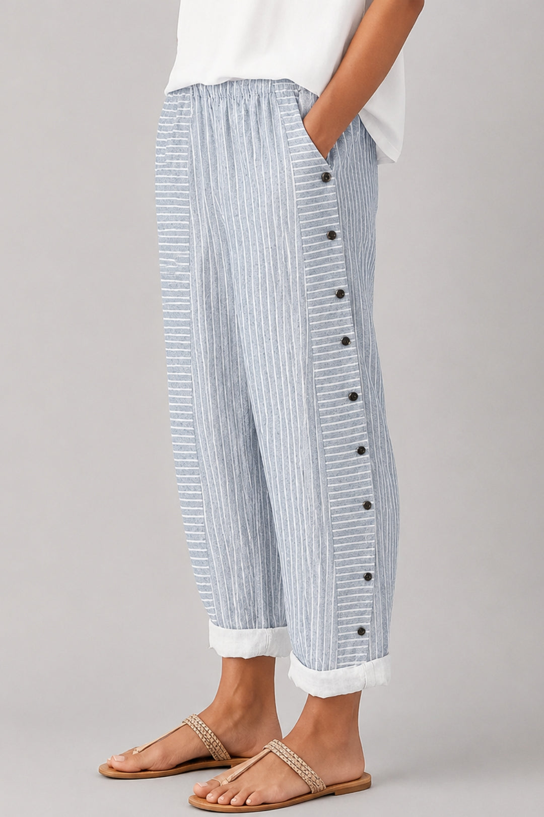 Women's Striped Linen Pants | Flowy Fit, Side Button Detail