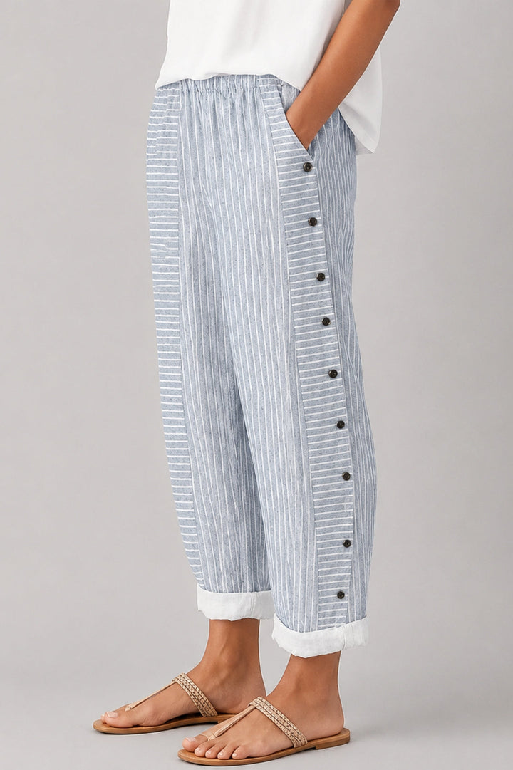 Women's Striped Linen Pants | Flowy Fit, Side Button Detail