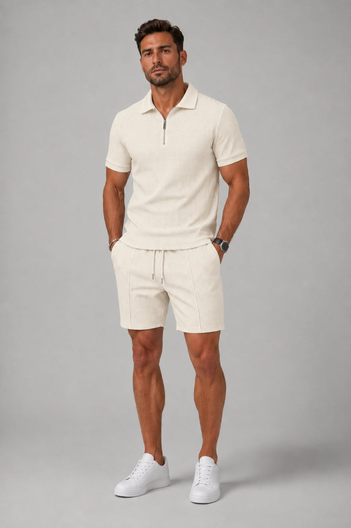 Men's 2 Piece Set - Tailored Fit Zip-Up Polo Shirt & Textured Matching Shorts