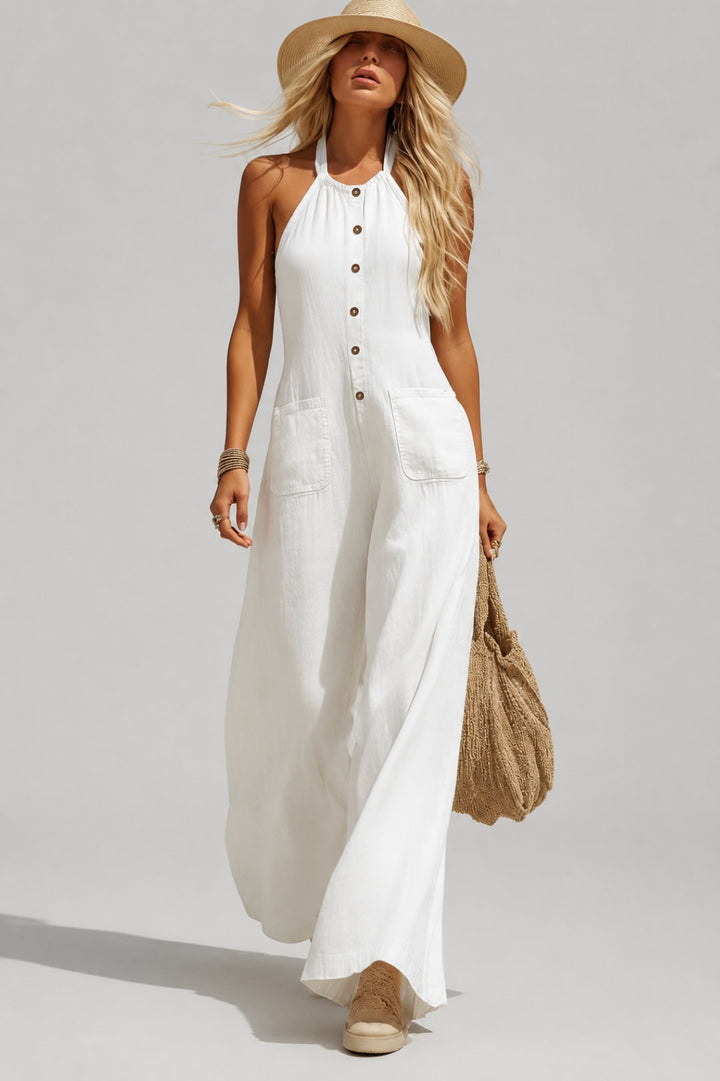 Women's loose-fit jumpsuit | Halter neckline, flared legs, boho style with a linen look