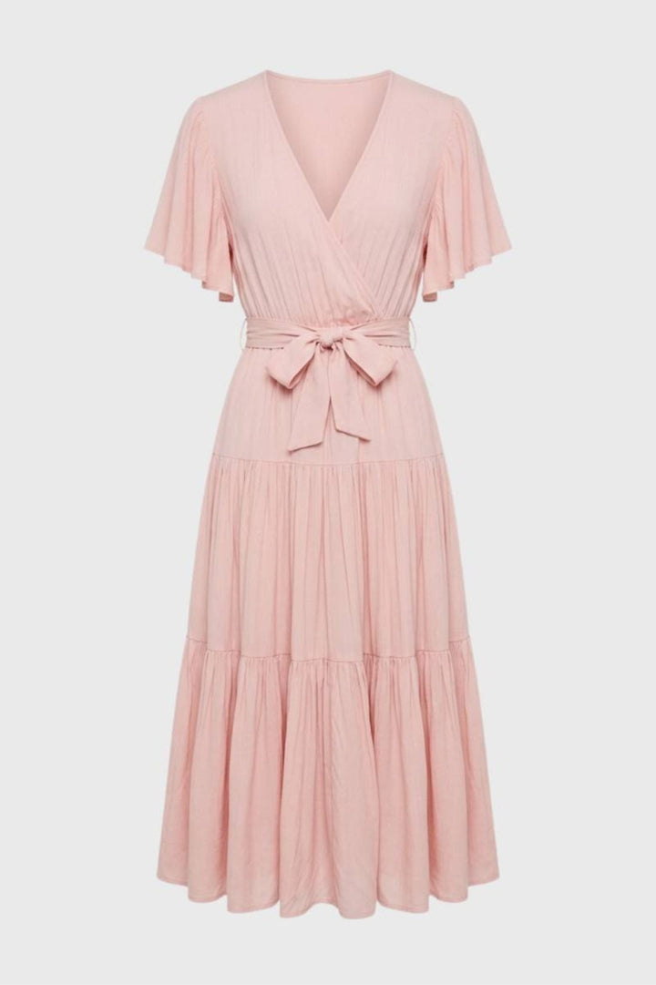 Women’s Midi Dress | Wrap Neckline & Tie Belt | Coral Red