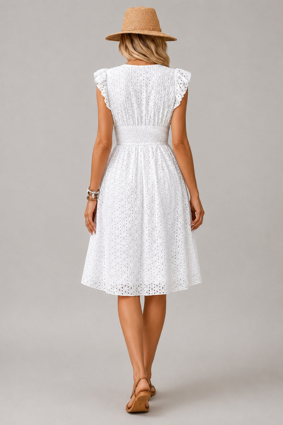 Women's Fitted Summer Dress - V-Neck with Eyelet Embroidery & Ruffle Sleeves