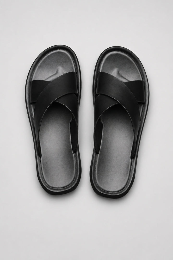 Men's Slippers | Open-Toe with Cross Straps | PU & Non-Slip Rubber Sole | Lightweight Summer Shoe