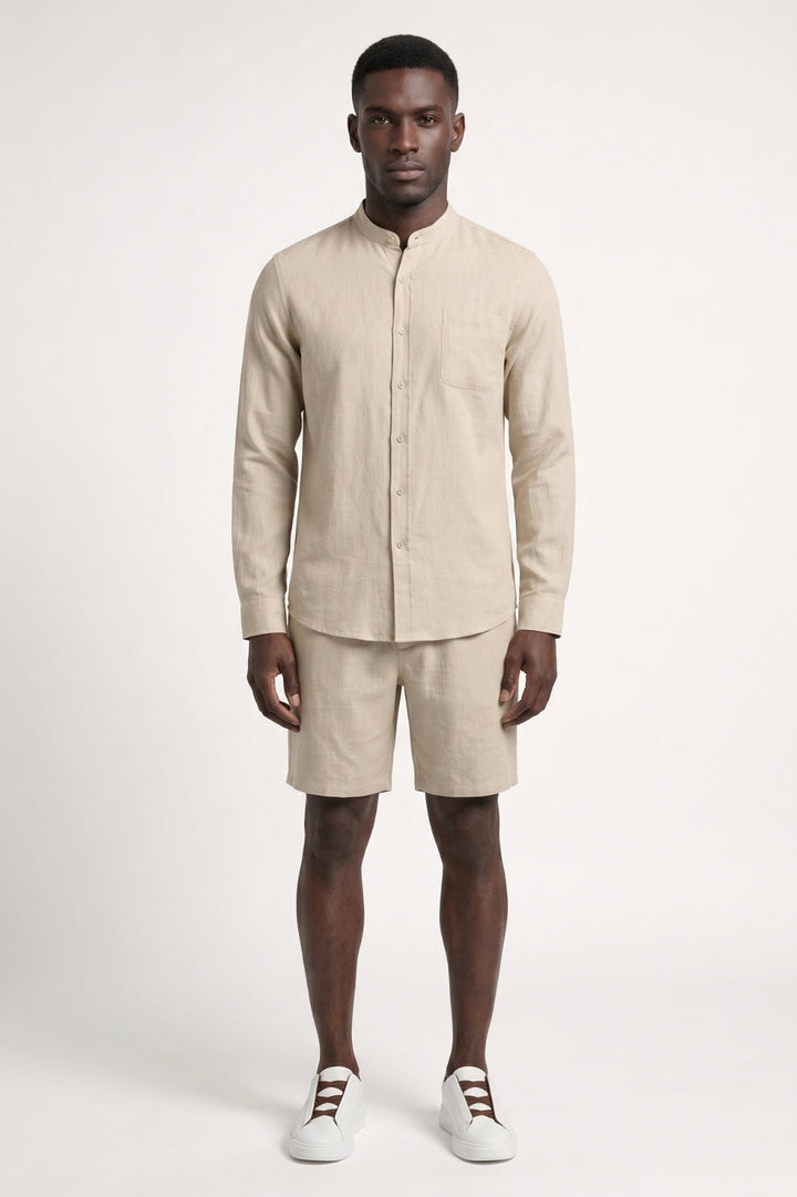 Men's Set, Relaxed Fit | Light Blue Shirt with Button-Down Collar and Matching Shorts