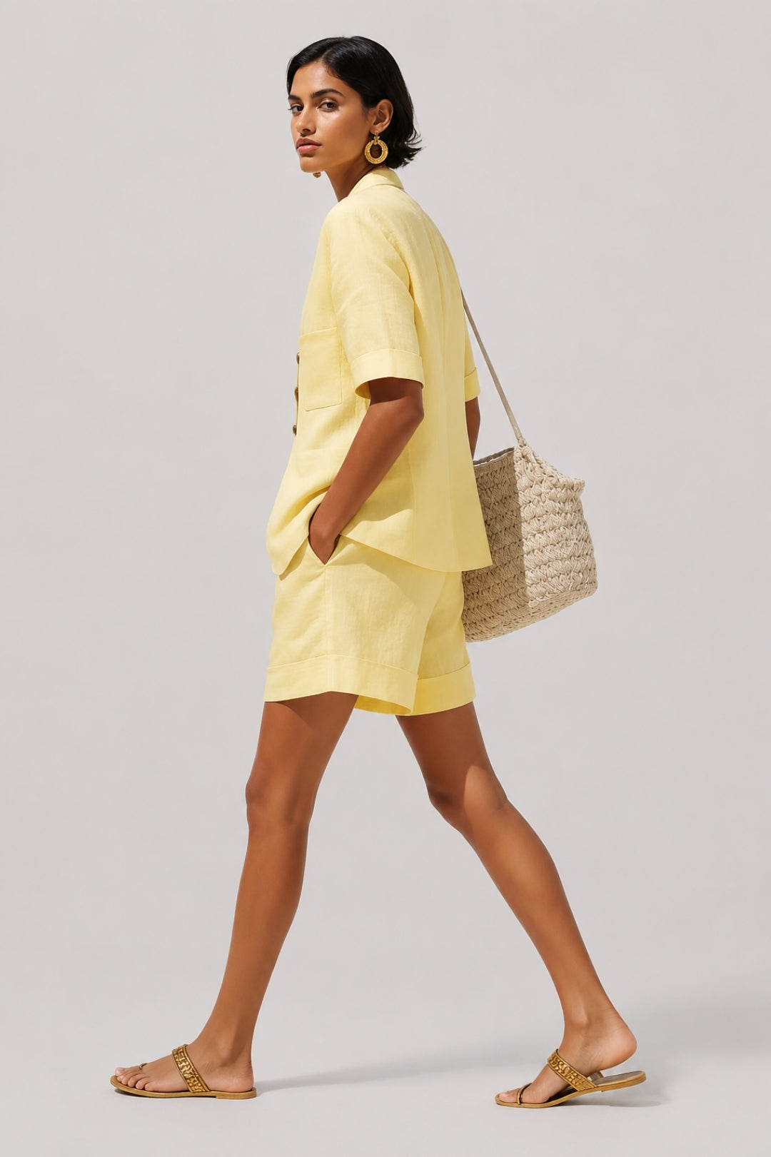 Women's Linen Two-Piece Set – Button-Front Blazer Jacket & High-Waist Shorts, Summer Outfit