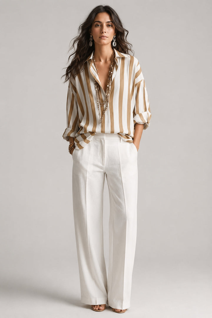 Stylish oversized linen blouse for women with a shirt collar and a striped pattern