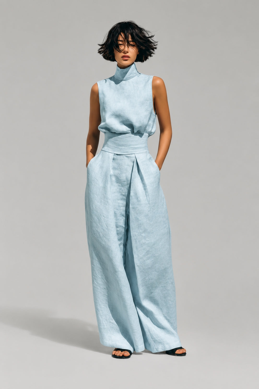 Women's Set with a Flowing Silhouette | Sleeveless Top with a Turtleneck and Wide-Leg Palazzo Pants