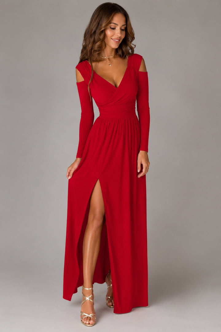 Women's Elegant Summer Maxi Dress - Flowy V-Neck Wrap Style with Long Sleeves & Side Slit