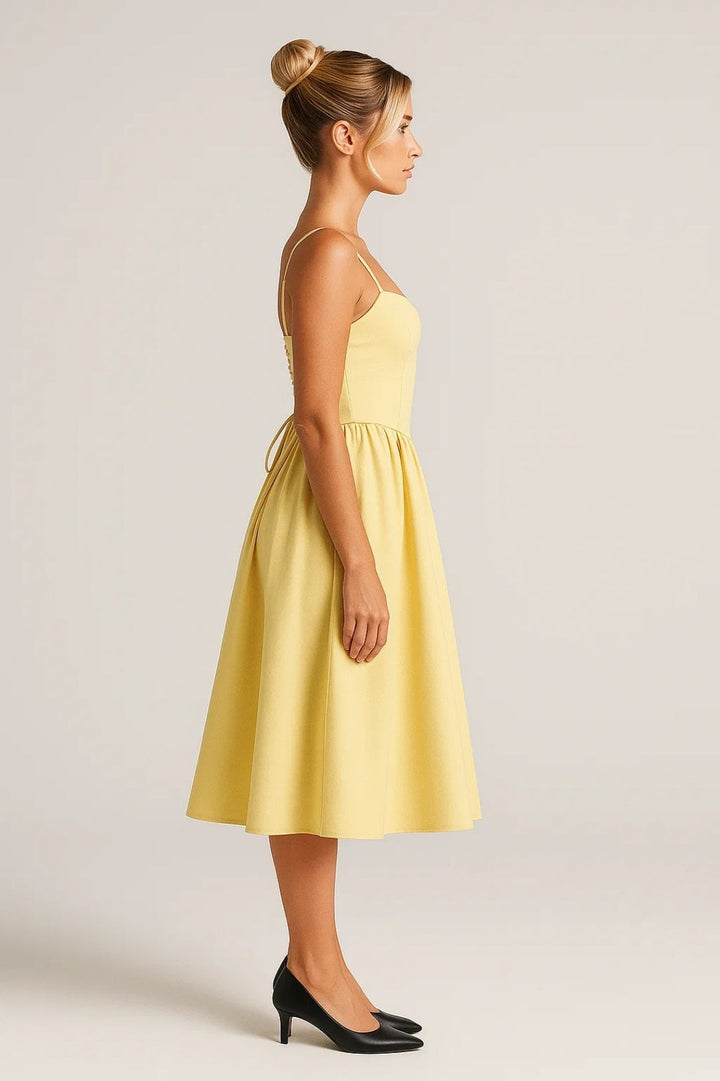 Women's Summer Midi Dress | Pastel Yellow | Accented Waist | Elegant & Feminine