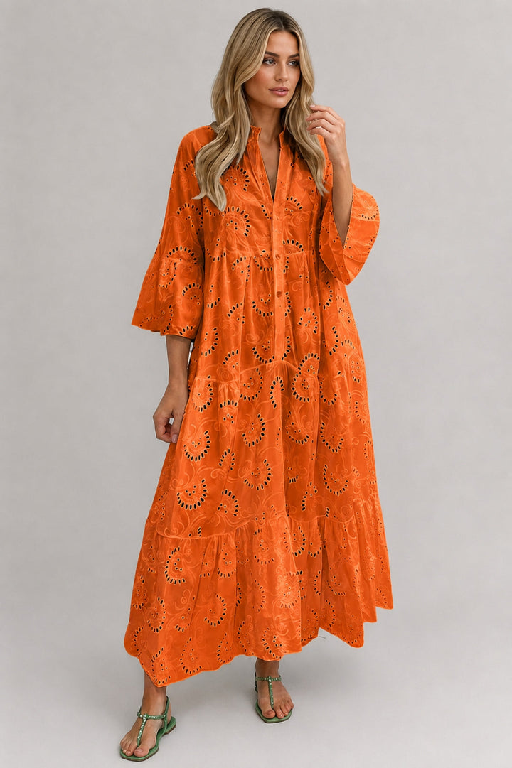 Women's Boho Summer Maxi Dress – Loose Fit, Crochet Embroidery, Button V-Neck