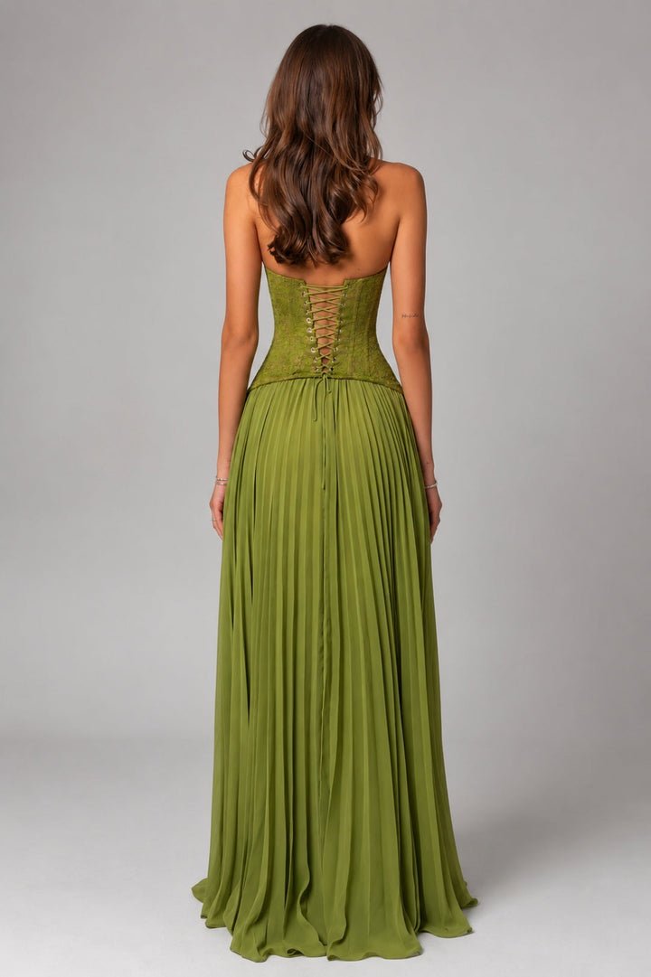 Elegant, flared women's dress | Olive-green maxi dress with thin straps, an embroidered bodice, and a pleated skirt