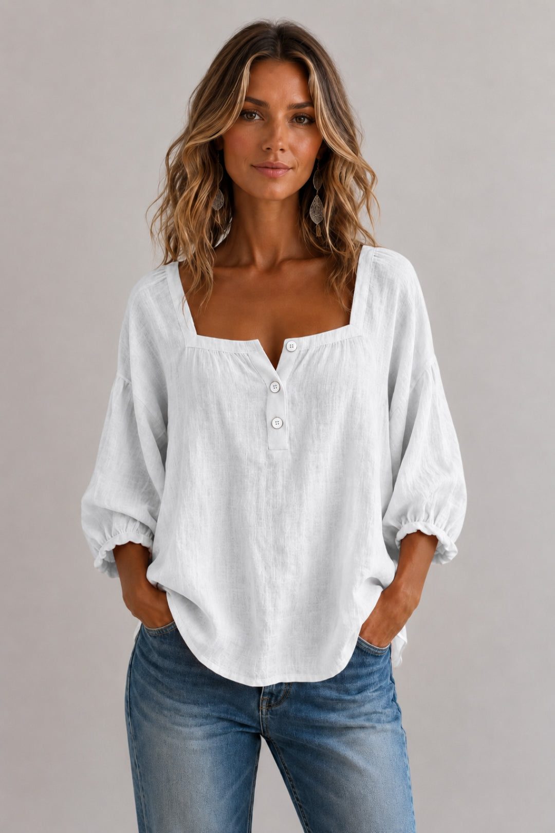 Women's loose-fit blouse | Square collar, puff sleeves, front buttons, linen-look fabric