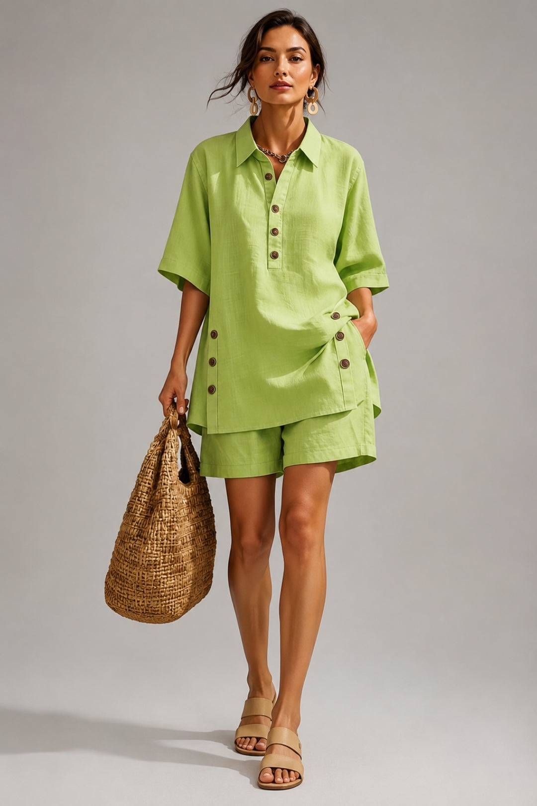 Women's Linen Oversized Shirt Set – Button-Up Top & Shorts, Casual Summer Outfit