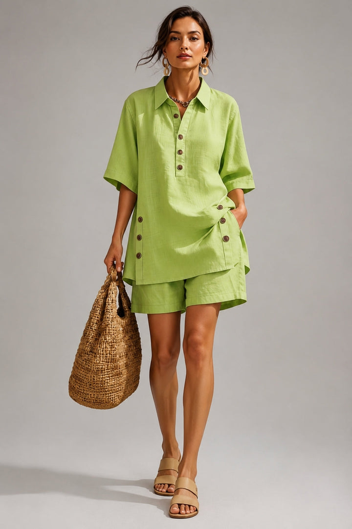 Women's Linen Oversized Shirt Set – Button-Up Top & Shorts, Casual Summer Outfit