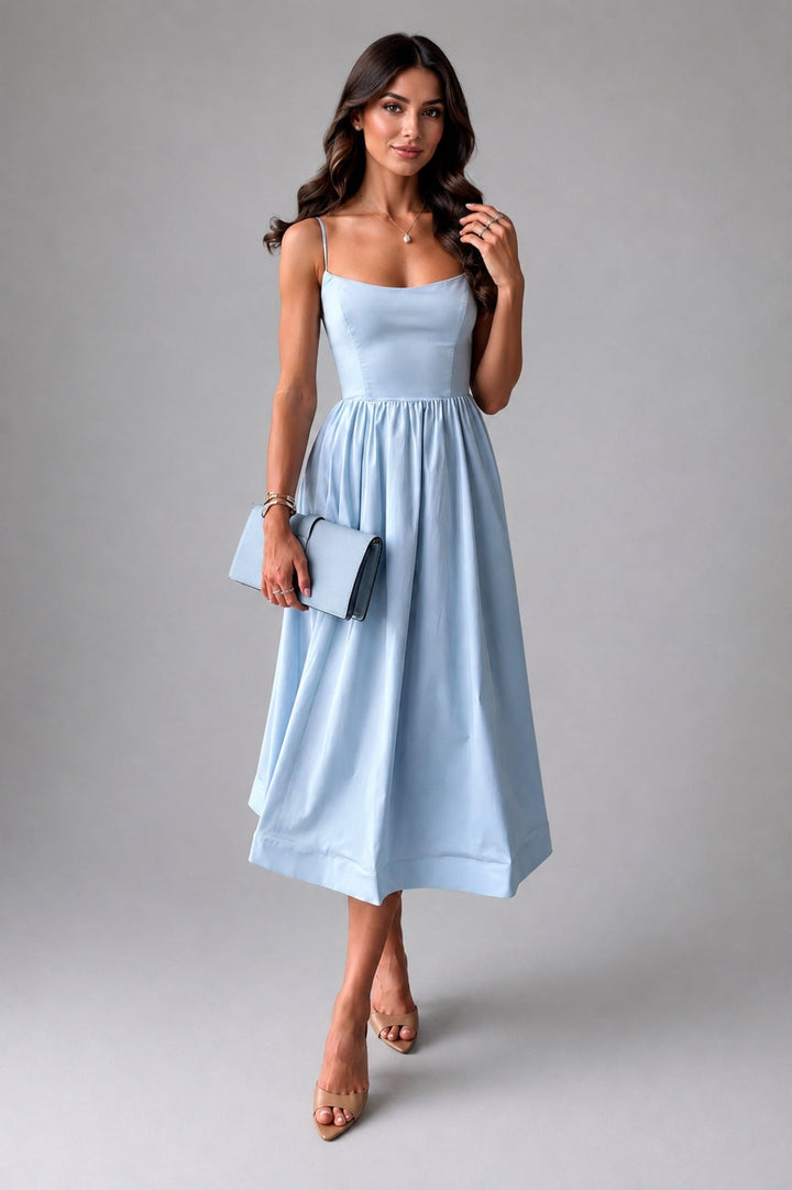 Stylish women's dress with a flared cut | Sky-blue midi dress with thin straps