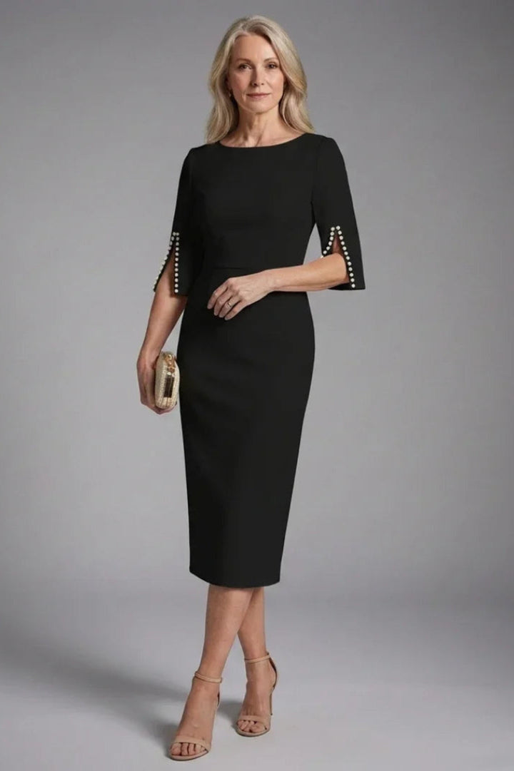 Women's Fitted Wedding Guest Dress - Black Midi with Flared Sleeves & Beaded Detail