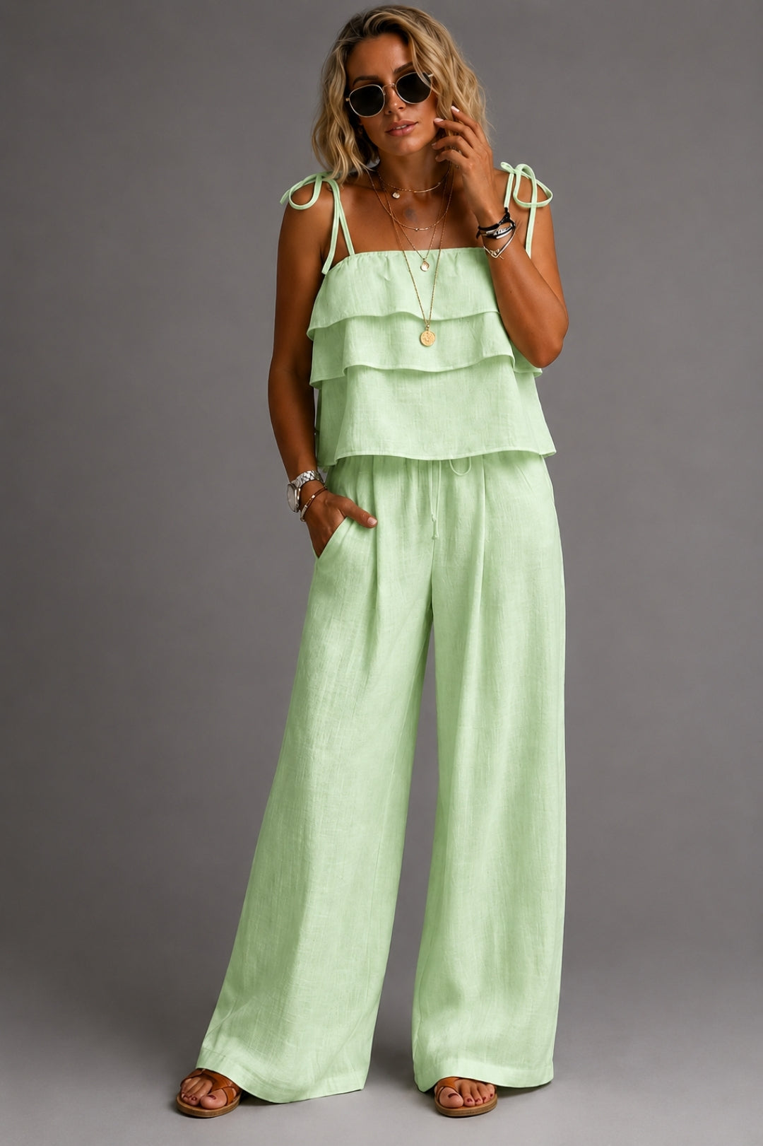 Women's Boho Linen Set – Ruffle Cami Top & Wide-Leg Pants, Summer Outfit
