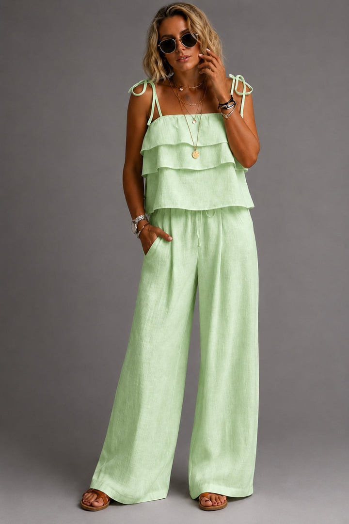 Women's Boho Linen Set – Ruffle Cami Top & Wide-Leg Pants, Summer Outfit