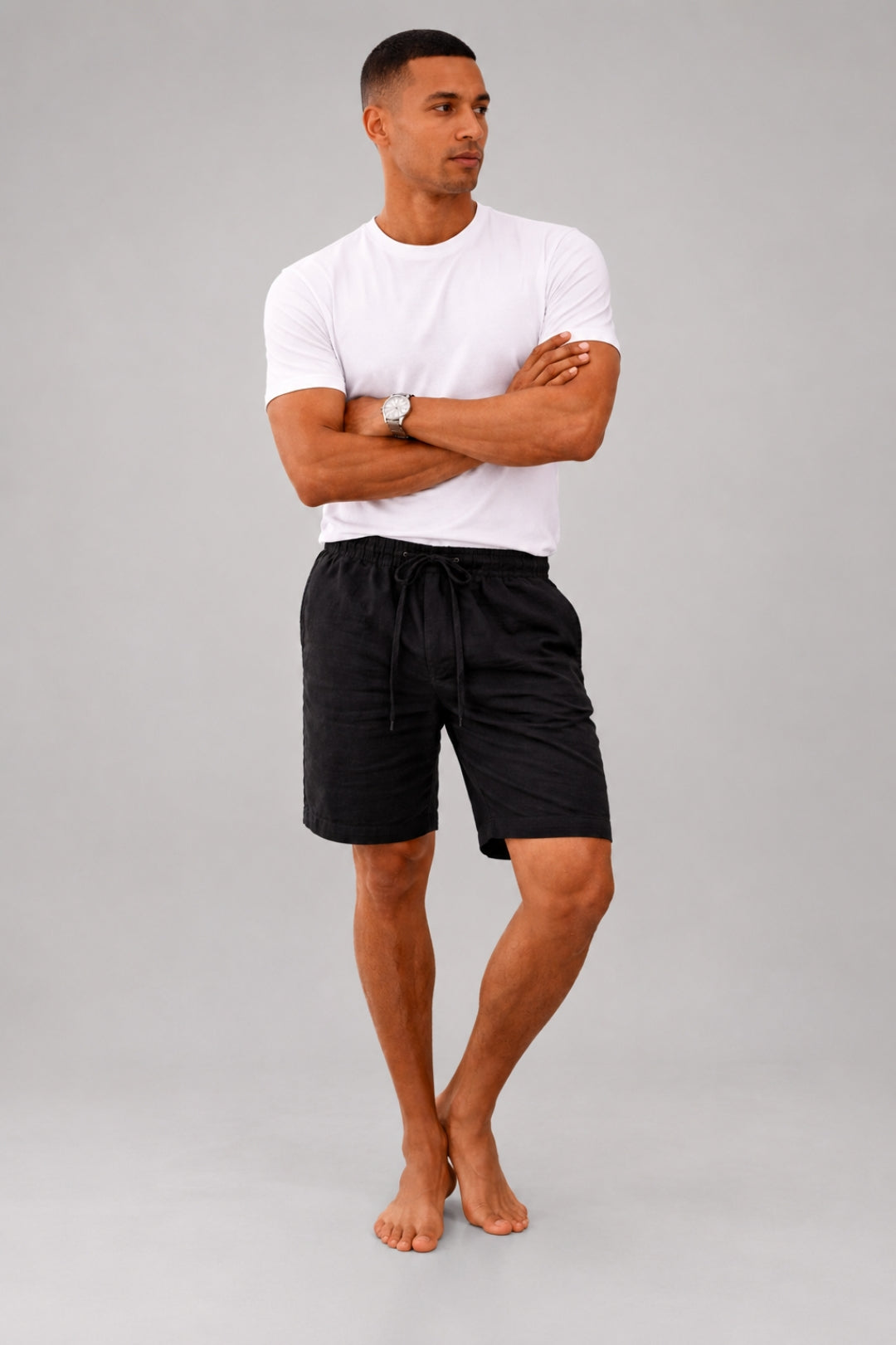 Casual men's shorts with a relaxed fit | Knee-length, adjustable drawstring, linen-look