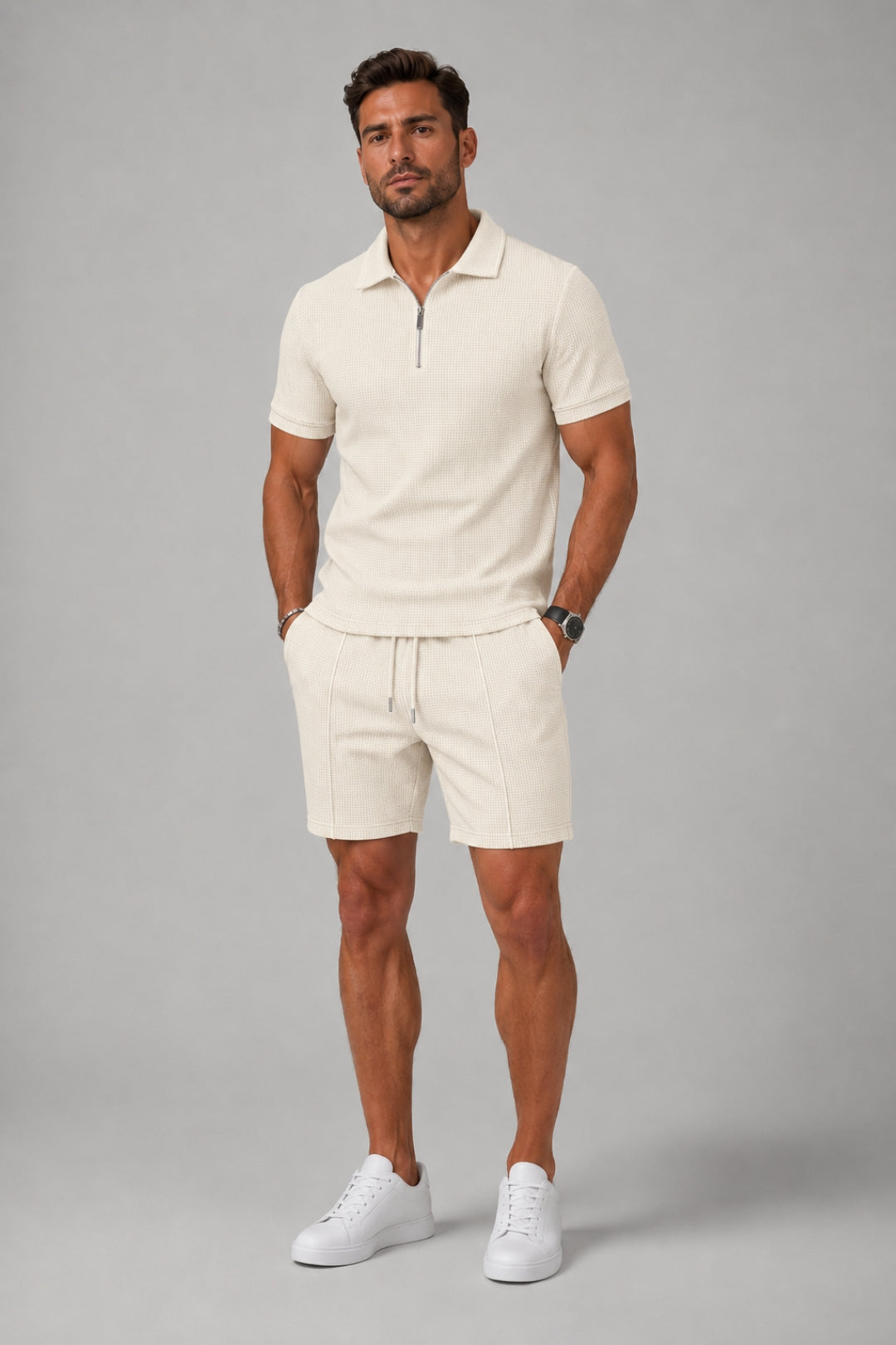 Men's Set with a Fitted Silhouette | Short-sleeved polo shirt with a zipper and matching textured shorts