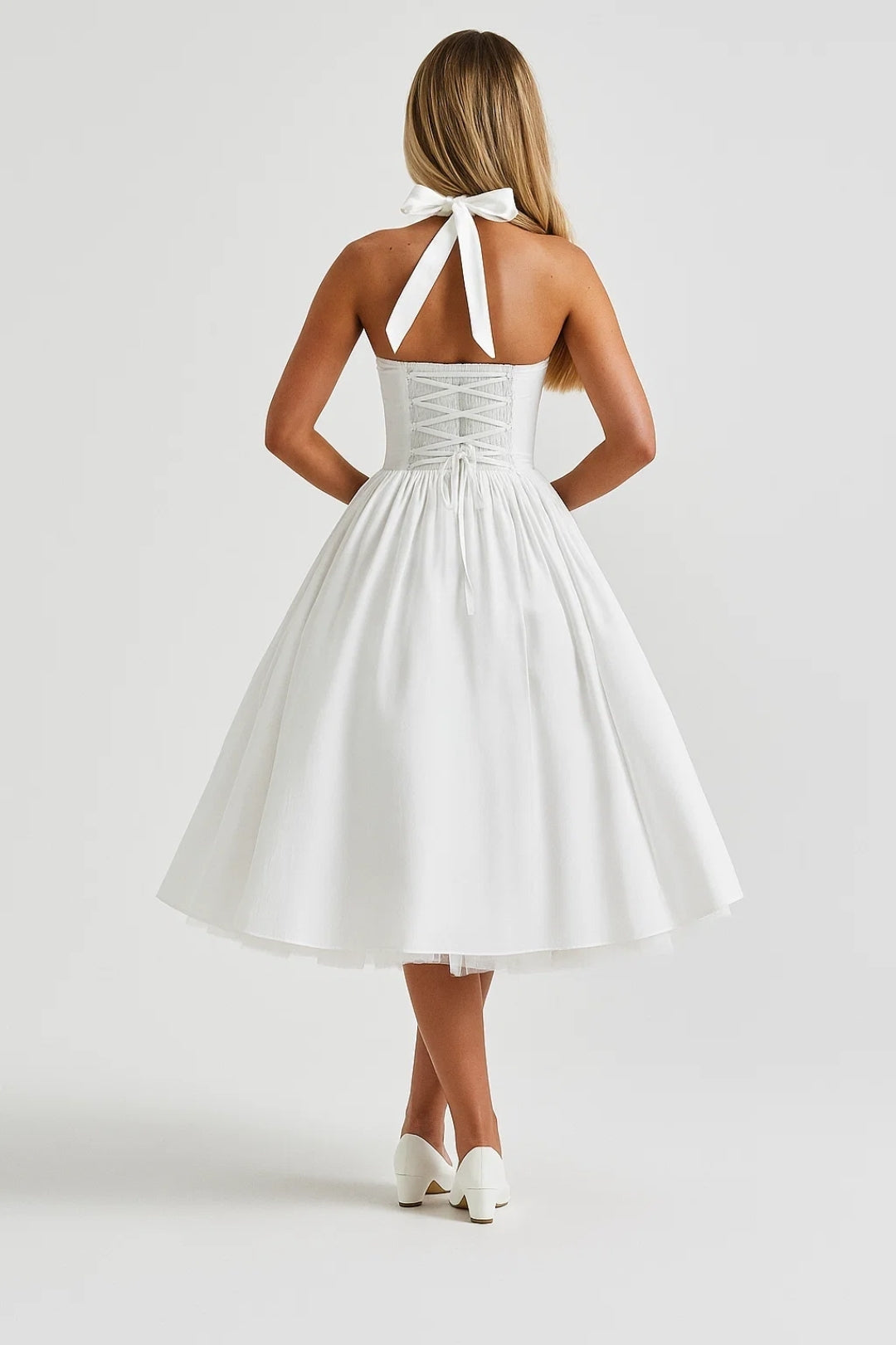Women's Short Summer Evening Dress | White | Accented Waist | Festive and Elegant