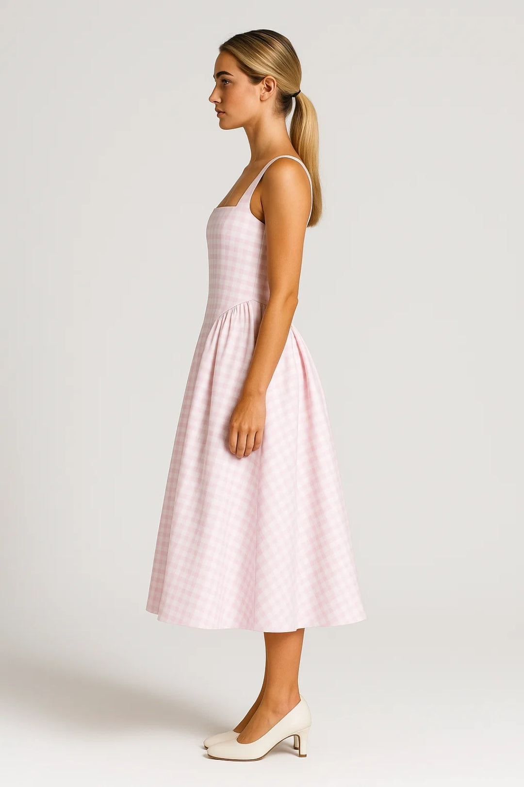 Women's Midi Dress - Plaid Print with Cinched Waist - Light Pink