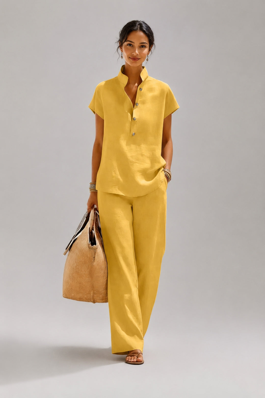 Women's set with a flowing silhouette | Top with a Mao collar, matching pants, chic linen-look fabric