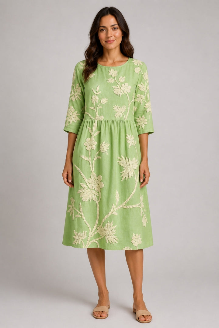 Linen Midi Dress Women Boho – Floral Embroidery & Ruched Waist