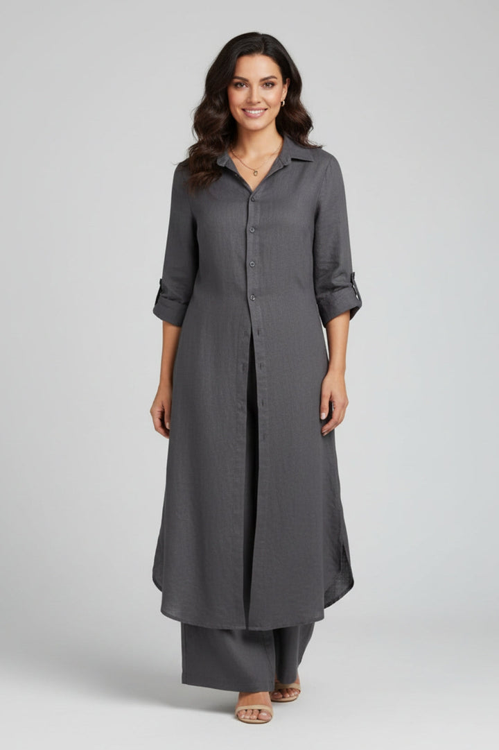 Women's Linen-Look Two-Piece Set | Long Shirt Dress & Matching Pants