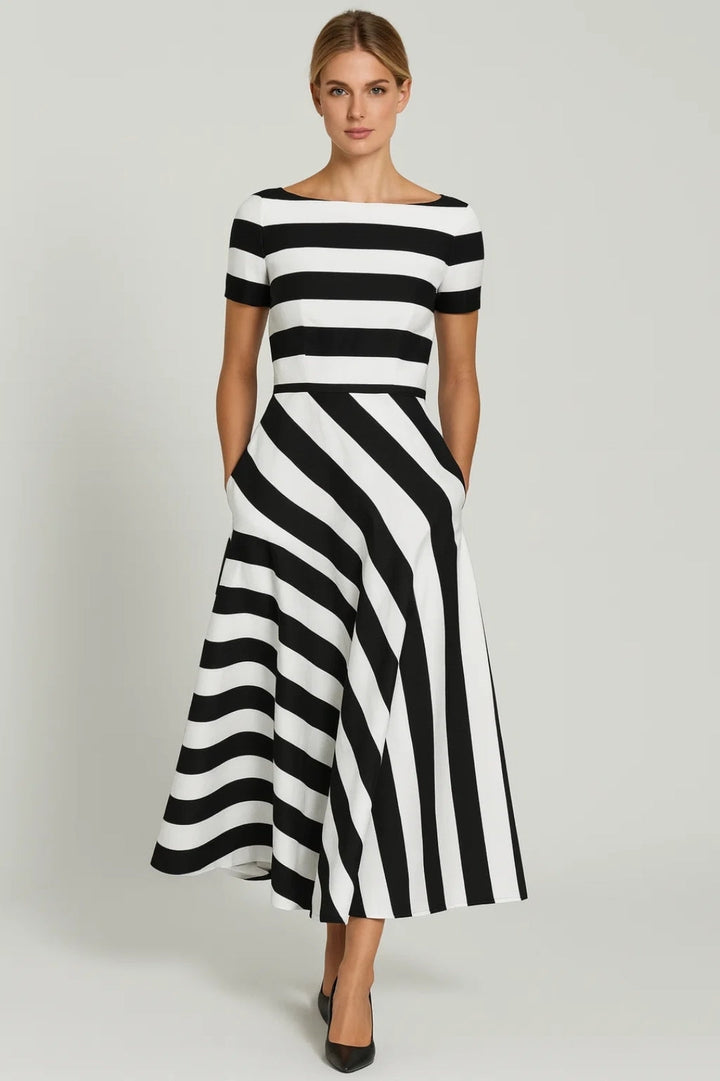 Women’s Midi Dress | Striped & Short Sleeves | Navy Blue & White