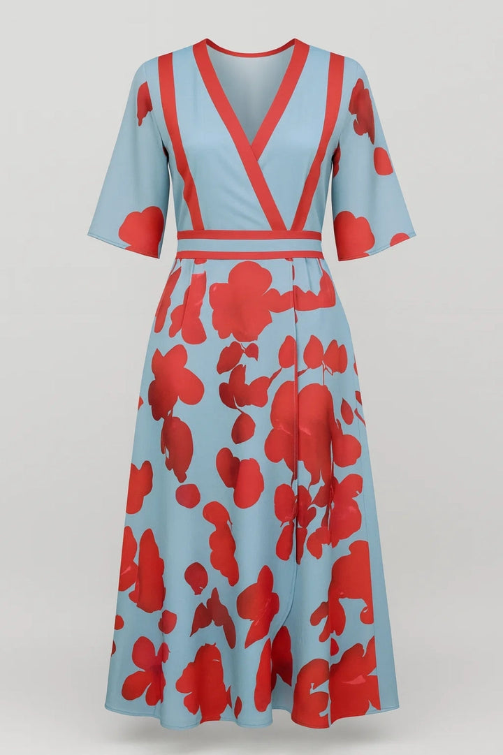 Women's Midi Dress – Flowy Floral Print, Wrap V-Neck, Chic Elegant Style