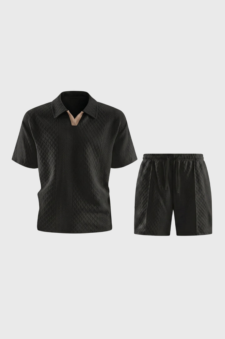 Men's 2 Piece Set - Textured Short Sleeve Polo Shirt & Matching Shorts - Casual Chic Outfit