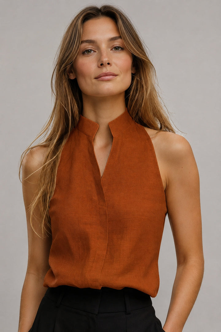 Women's blouse with a figure-hugging fit | Sleeveless, V-neck with a slit, linen-look fabric