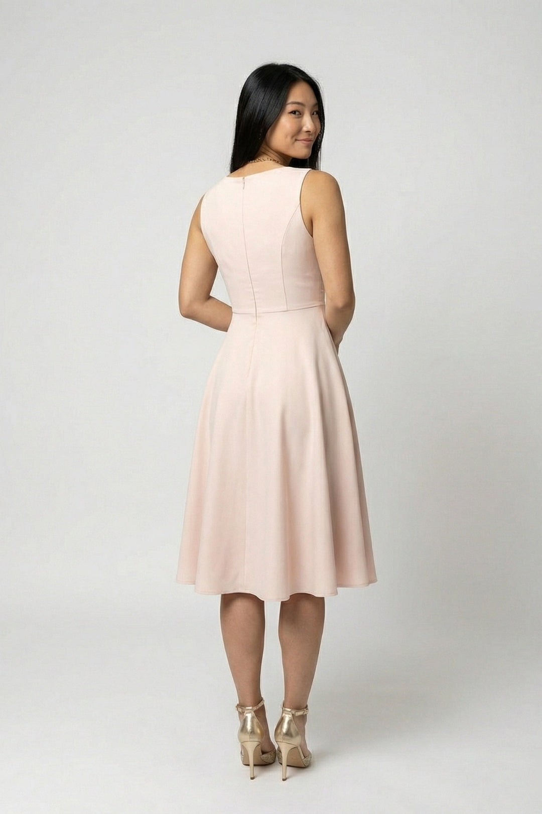 Women's Elegant A-Line Midi Dress - Powder Pink V-Neck with High Waist & Flowy Skirt