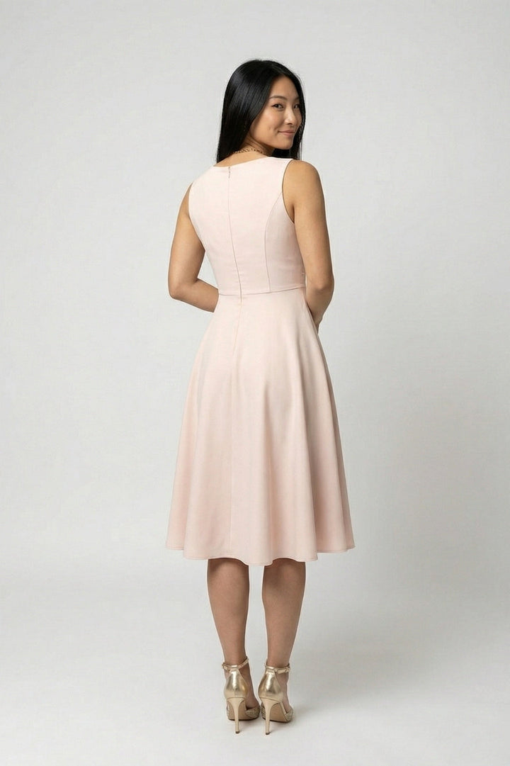 Women's Elegant A-Line Midi Dress - Powder Pink V-Neck with High Waist & Flowy Skirt